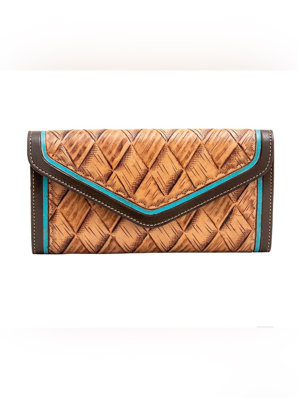 Western Wallet Woven Leather Envelope Style in Tan with Turquoise Trim